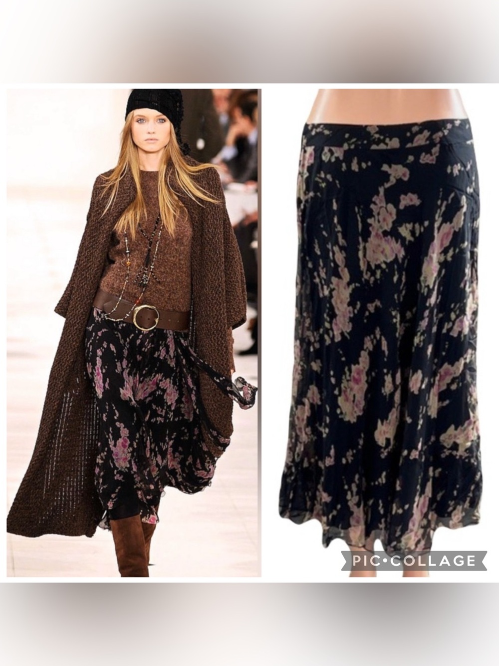 Ralph Lauren F/W 2010 Collection Black Pink Silk Chiffon Floral Midi Skirt 6